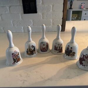 Set of Six Porcelain Collector Bells with Vintage Illustrations